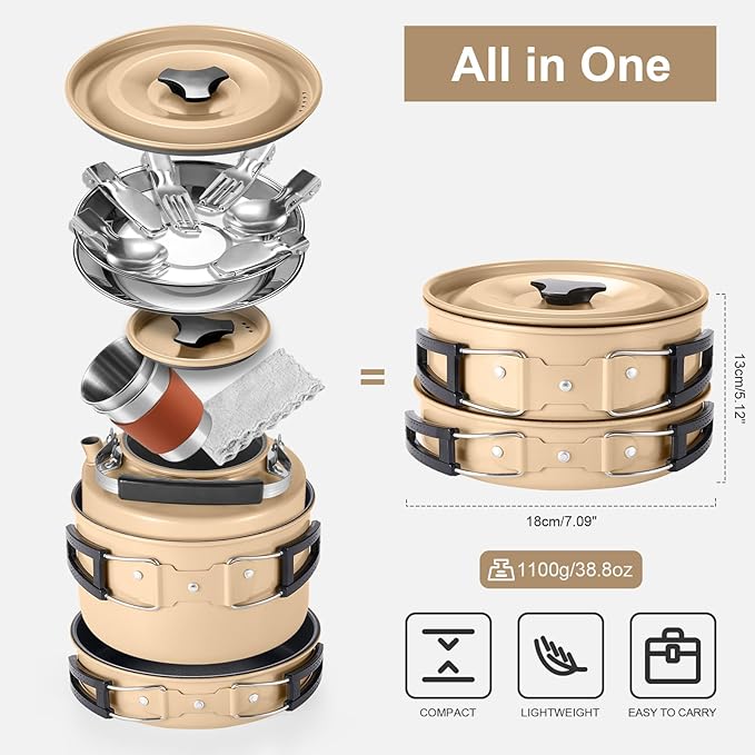 Odoland 15pcs Camping Cookware Mess Kit, Non-Stick Lightweight Pot Pan Kettle Set with Stainless Steel Cups Plates Forks Knives Spoons for Camping, Backpacking, Outdoor Cooking and Picnic