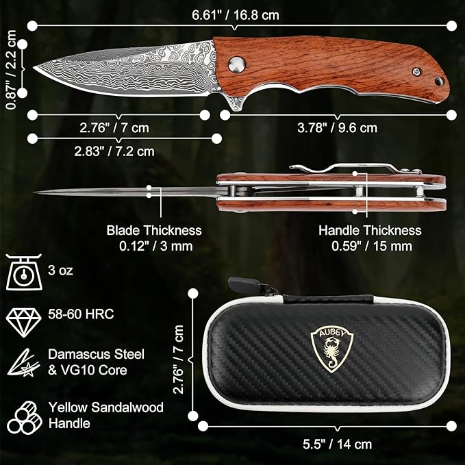 AUBEY Damascus Pocket Knife with VG10 Core, Wooden Handle, EDC Folding Knives for Men Outdoor Camping Collection Gift