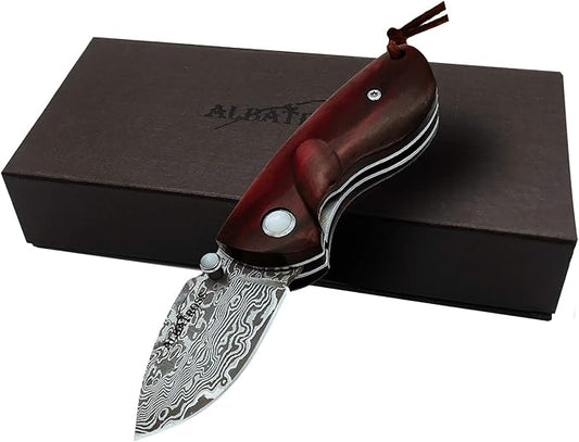 ALBATROSS Mini Pocket Knife - 4.75" Modern Damascus Steel Folding Knife with Red Sandalwood Handle - 71 Layer Hand Forged Blade - Liner Lock System - Luxury Gift Box - HGDK013