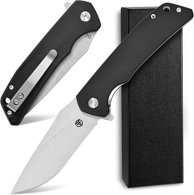 FF17 Folding Pocket Knife,D2 Steel Blade G10 Handle EDC Tool Knife for Outdoor Camping,Hiking,Hunting Fishing (Black)