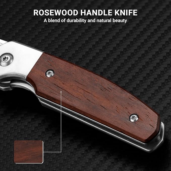Small EDC Knife 2.8", Pocket Knife D2 Steel Point Blade Wood Handle - flipper Folding Knife for Men Women - Daily Carry Office Camping Hiking