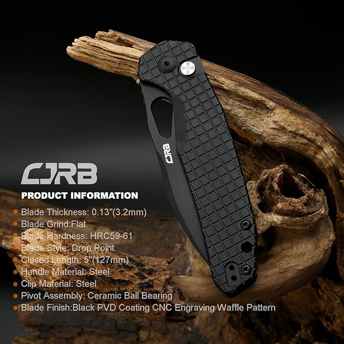 CJRB Frack Pocket Knife, 3.9" AR-RPM9 Steel Blade PVD Coating Frag Pattern Steel Handle EDC Knife, Button Lock Knife for Outdoor Camping Gift, Black (J1931)