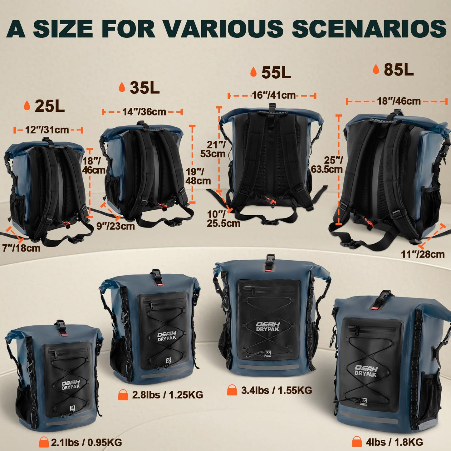 OSAH DRYPAK Waterproof Backpack Dry Bag 25L/35L/55L/85L – Heavy Duty Roll-Top Hiking Backpack Sack