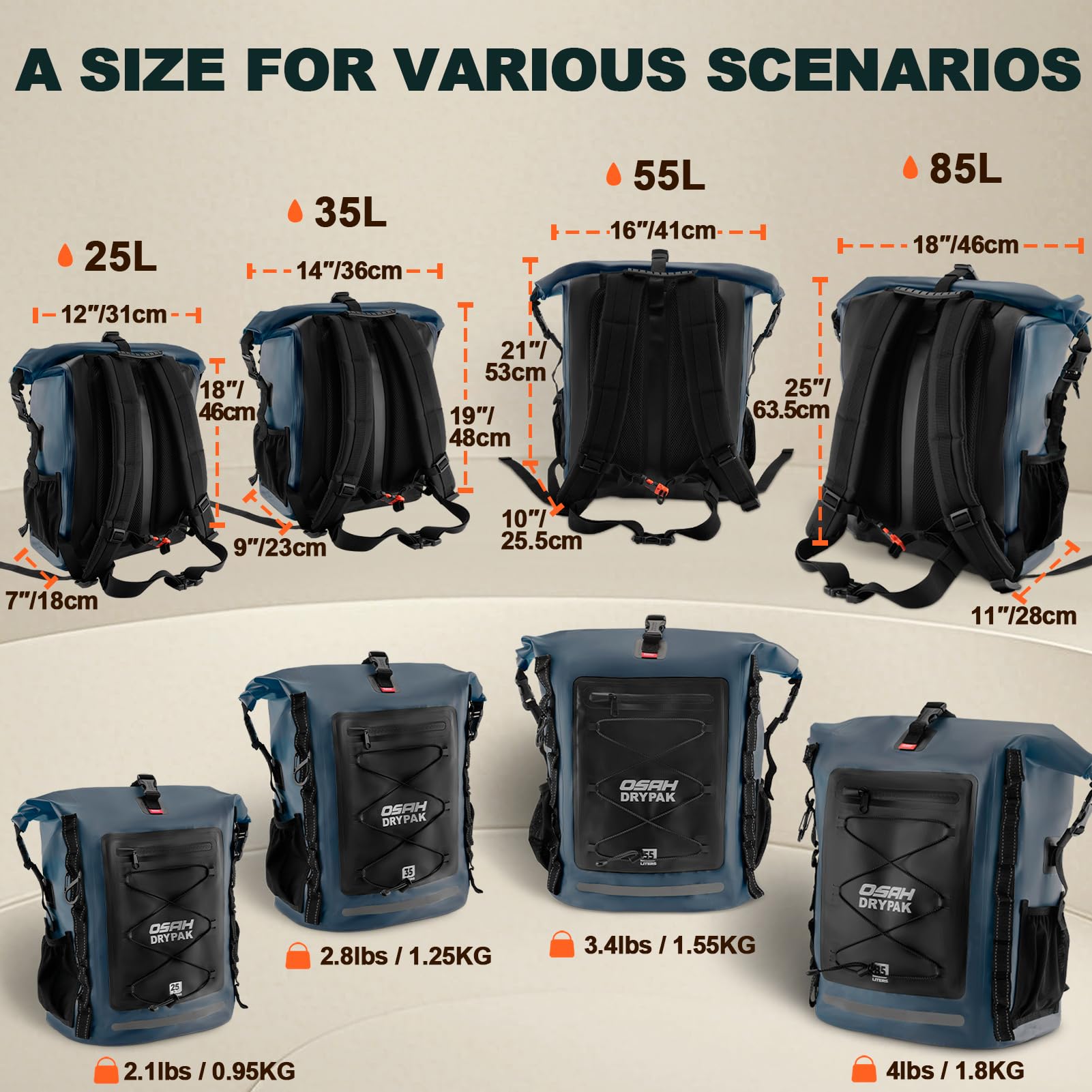 OSAH DRYPAK Waterproof Backpack Dry Bag 25L/35L/55L/85L – Heavy Duty Roll-Top Hiking Backpack Sack