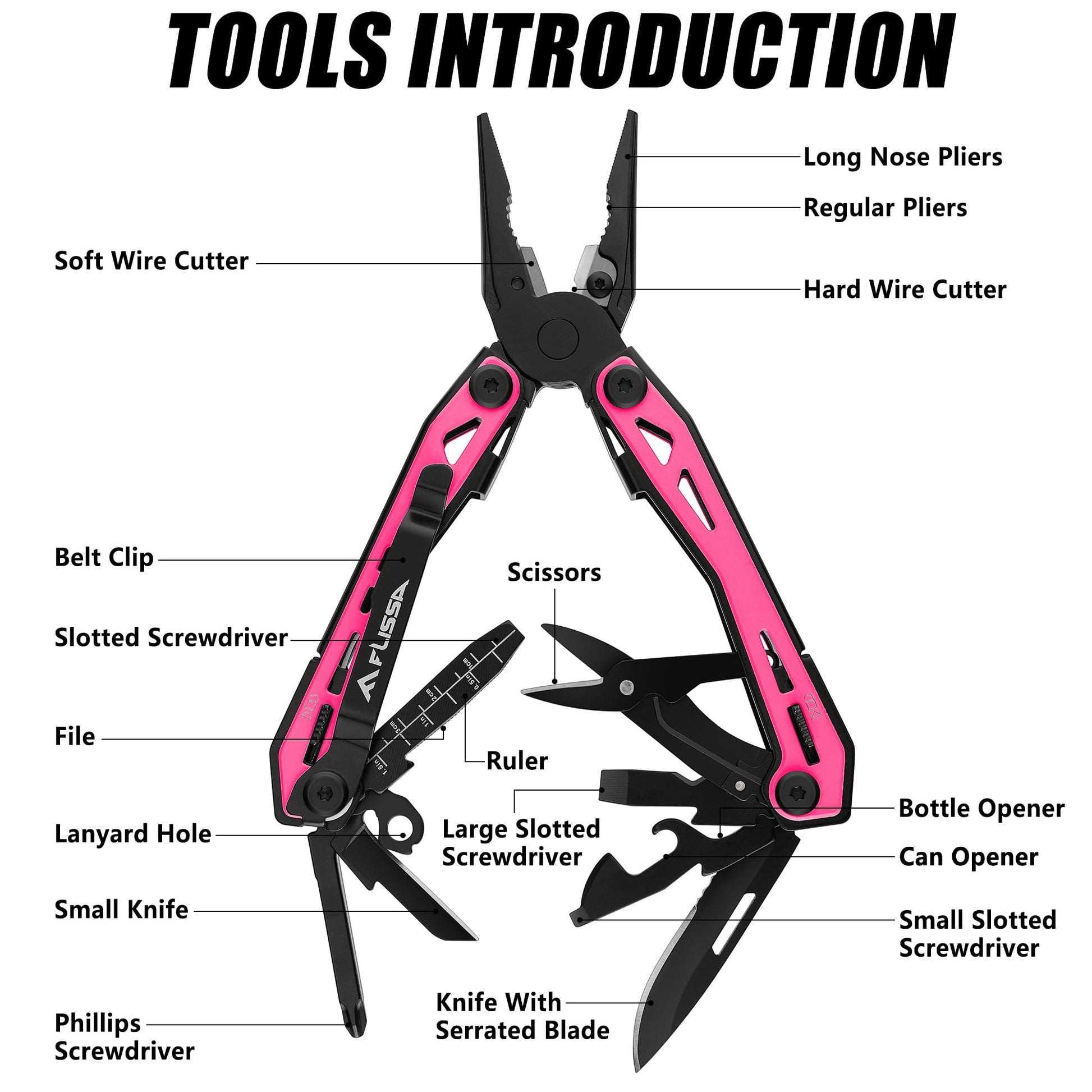 FLISSA 16-In-1 Multi-Tool Pliers, EDC Multitool, Multipurpose Tool, Pink