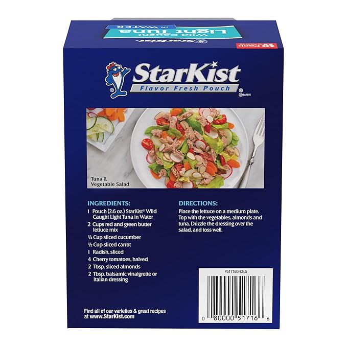 StarKist Chunk Light Tuna in Water, 2.6 oz Pouch (10 Pack) Ready to Eat Wild Caught Tuna, 17g Protein, 70 Calories Per Serving, Gluten Free, Soy Free, Kosher, Perfect for Salads, Keto Meals and Snacks