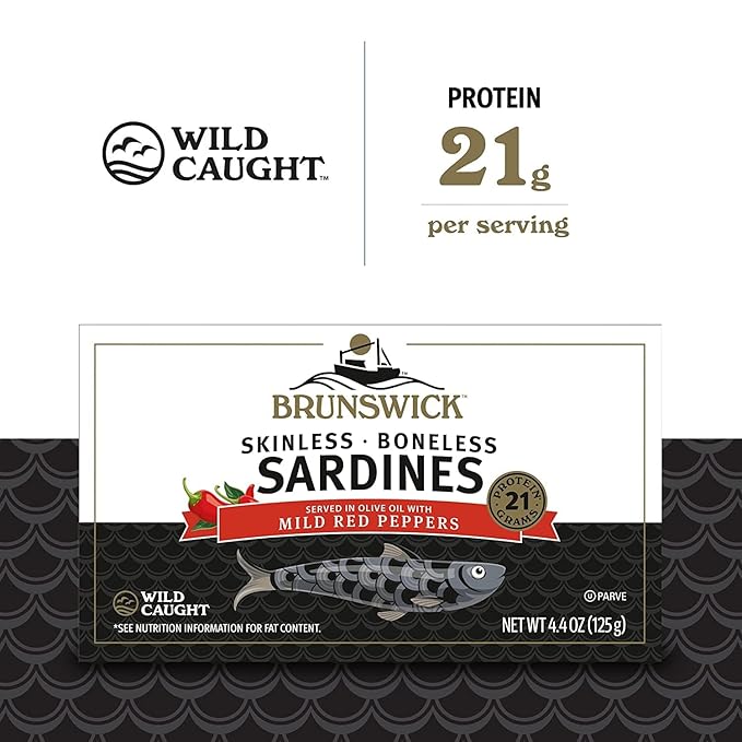 Brunswick Wild Caught Skinless and Boneless Sardines, Served in Olive Oil with Mild Red Peppers, 4.4 Oz (Pack of 12)