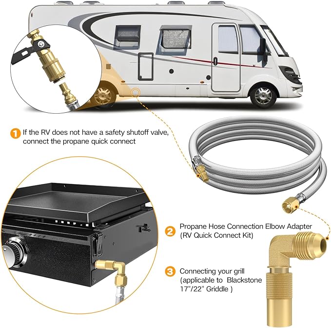 12FT RV Quick Connect Propane Hose with 1/4" Safety Shutoff Valve, Stainless Steel & Brass, Silver, Grill Connectors, 12 Feet, Blackstone 17"-22" Griddle Compatible
