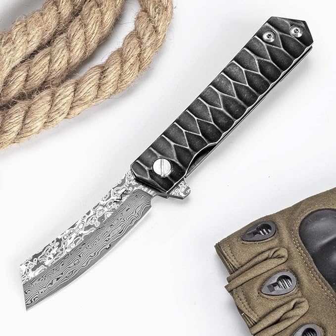Damascus Folding Pocket Knife, Custom Tactical VG-10 Blade With Ball Bearing System for Outdoor, Camping, Hiking (Razor Model)