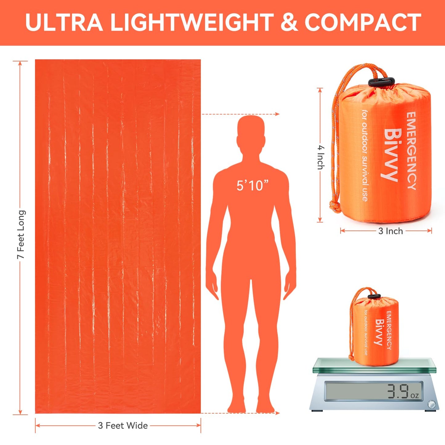 Esky Emergency Sleeping Bag with Compass, 2 Pack Emergency Blankets Portable Bivy Sack, Waterproof