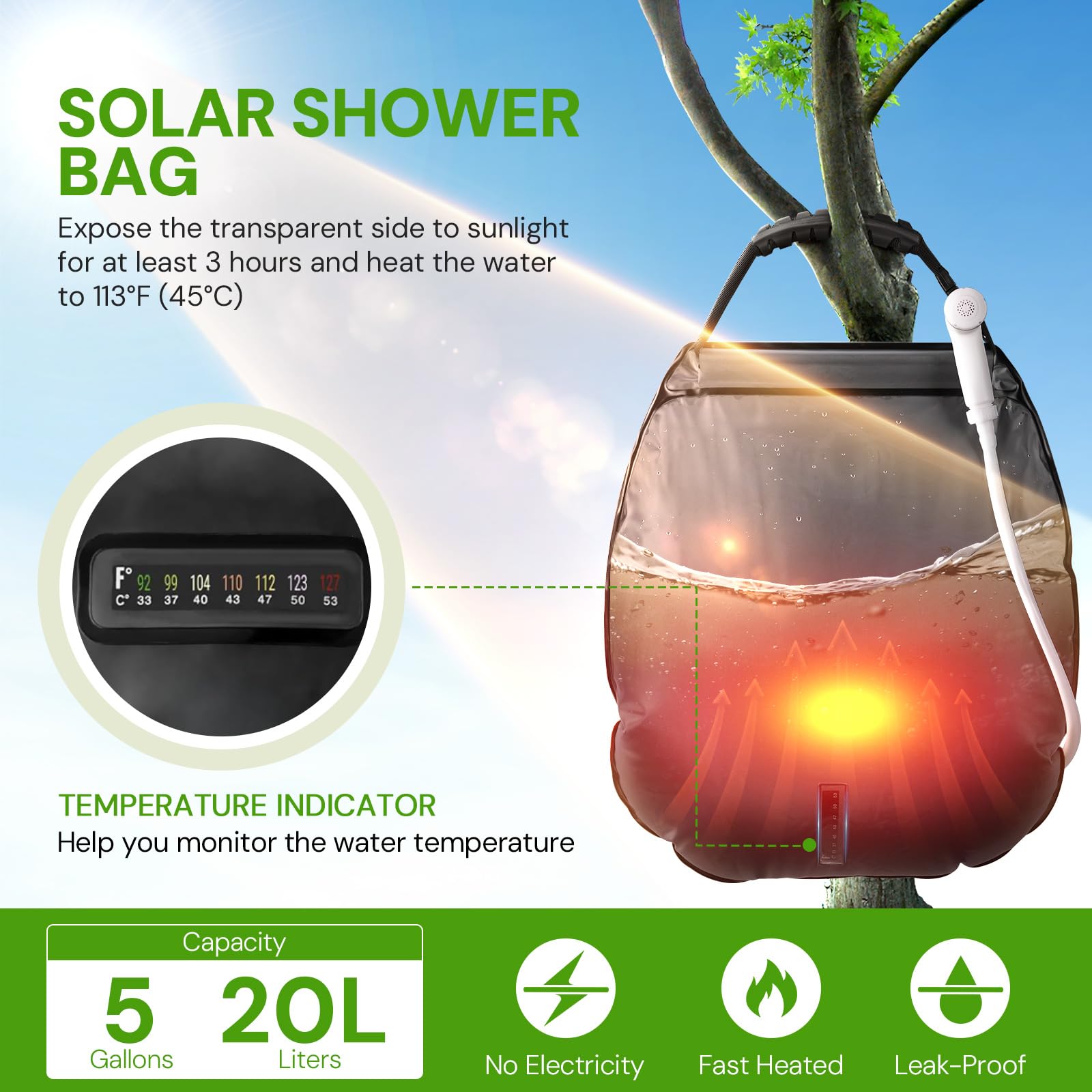 sapsisel Camping Shower Bag,5 Gal/20L Solar Camping Shower, Portable Shower