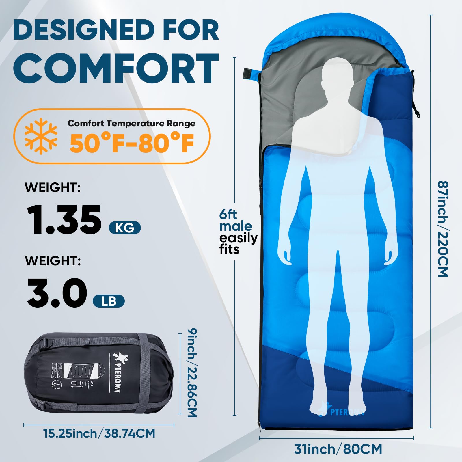 PTEROMY Sleeping Bags for Adults, Lightweight and Machine Washable, Water Resistant Backpacking
