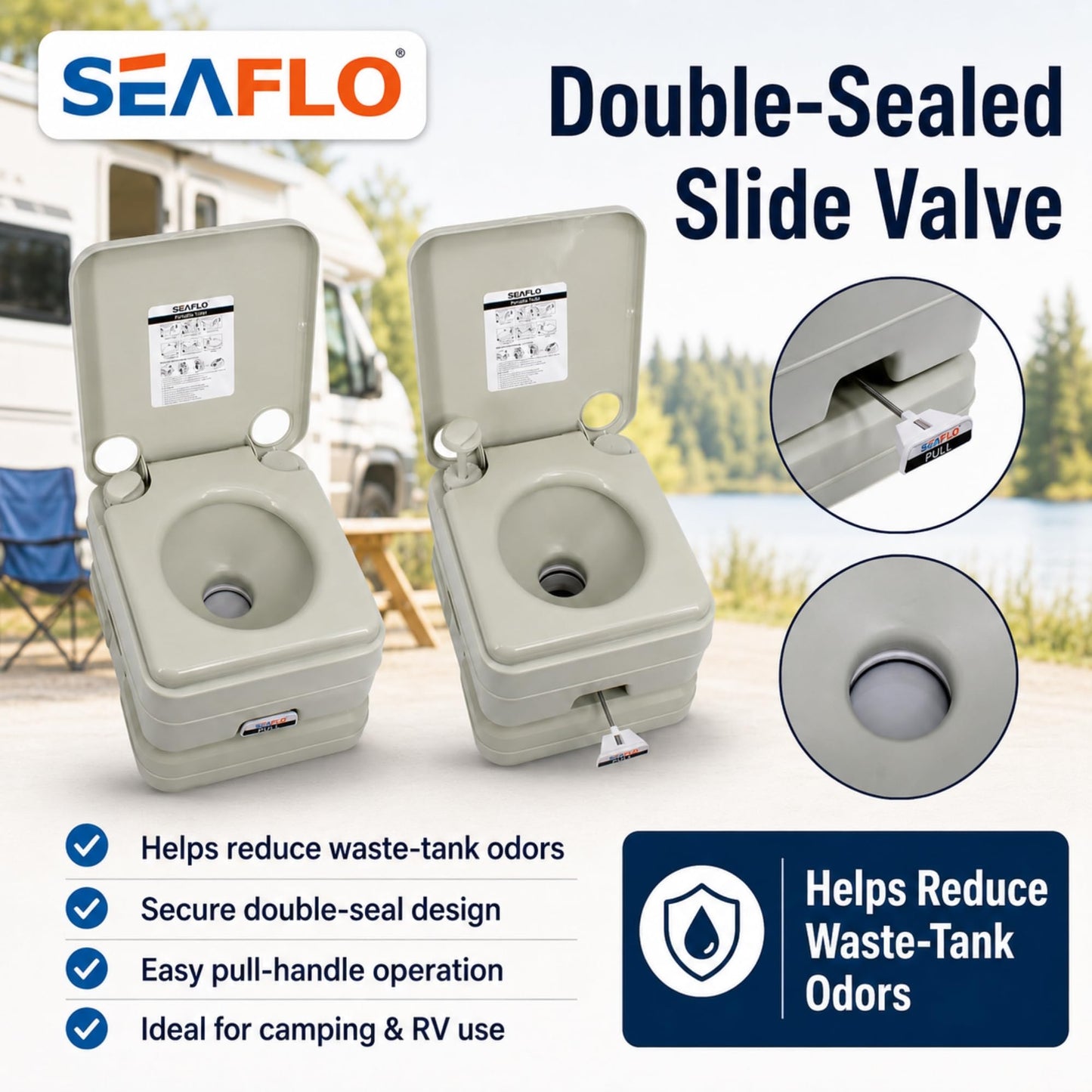 SEAFLO Camping Portable Toilet - 2.6 Gallon Waste 3.43 Gall Fresh Tank (100 Flushes), 440 lbs Max