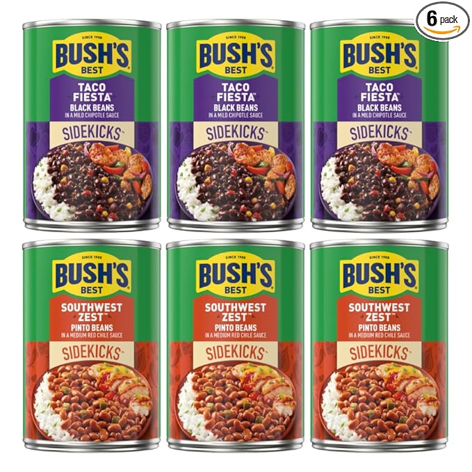 Bush's Best Baked Beans, Sidekicks Variety Pack, Southwest Zest Pinto Beans (15oz), Taco Fiesta Black Beans (15.1oz) (3 of each)