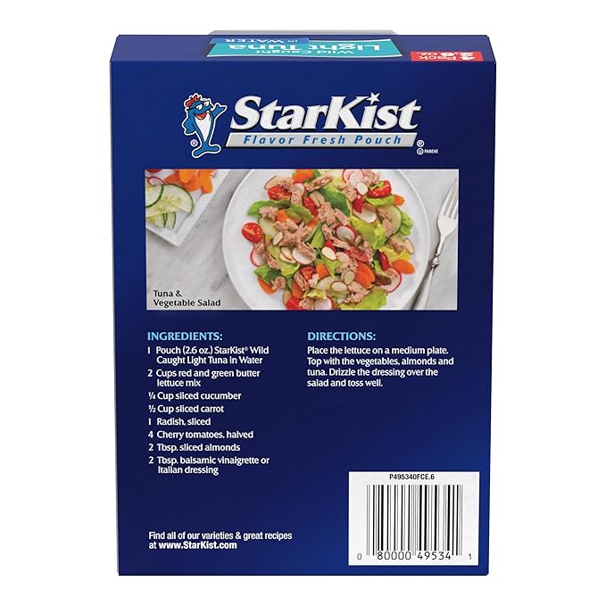 StarKist Chunk Light Tuna in Water, 2.6 oz Pouch (4 Pack) Ready to Eat Wild Caught Tuna, 17g Protein, 70 Calories Per Serving, Gluten Free, Soy Free, Kosher, Perfect for Salads, Keto Meals and Snacks