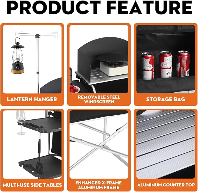 Camping Kitchen Table, Outdoor Cooking Table with 4 Panels & Storage Bag, Aluminum Folding Cooking Station, Heat Resistant Tabletop, Carrying Bag, Quick Set-up for RV,BBQ,Picnic,Traveling