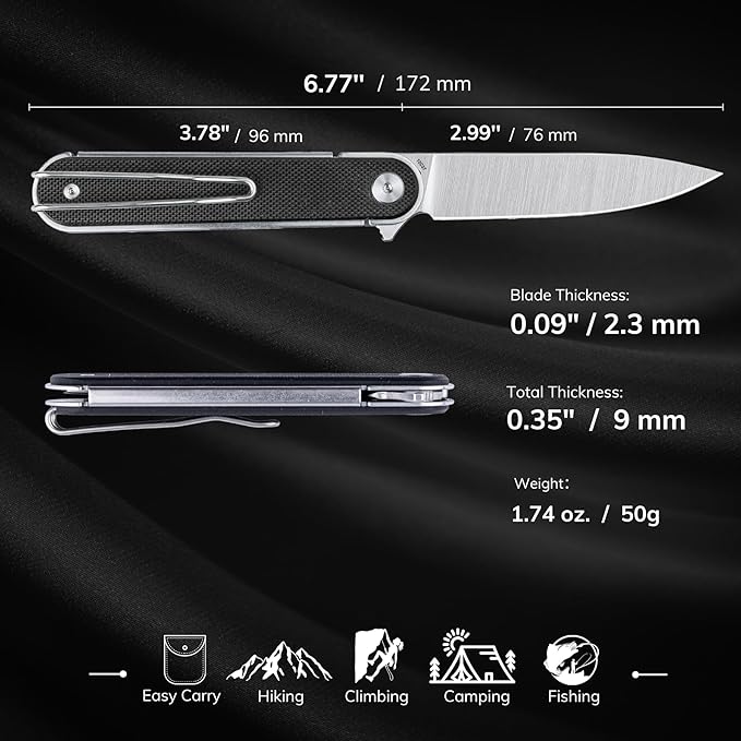 REALSTEEL IRIS Pocket Knife, Folding Knife, Flipper, Liner Lock, 2.99" 12C27 Steel Blade, Lightweight G10 Handle, 1.74oz, Deep-carry Pocket Clip, EDC Outdoor Indoor, Gifts for Men Women Camping Hiking Climbing Fishing (Black G10)