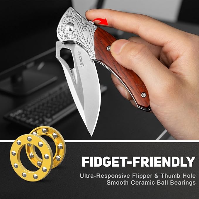 NedFoss Heron Pocket Knife for Men, 2.8" 14C28N Steel EDC Knife with Premium Sandalwood Handle, Personalized Cool Knife for Mens Gift, Collection (No Leather Sheath)