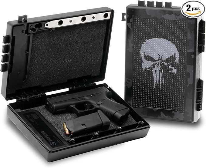 STOPBOX Gun Safe Alternative - Tactical Handgun Storage, Instant Access Portable Gun Case, TSA Compliant Gun Lock Box for Quick Handgun Access| SKULL CAMO + BLACK (2 Pack) | Compact Only