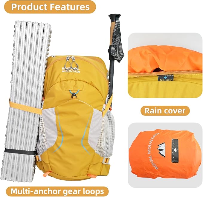 30L Hiking Backpack Lightweight Waterproof and Durable Backpack with Ventilated Sweat-Wicking Internal Frame Daypack for Men and Women Camping Travel and Outdoor Adventures,Yellow