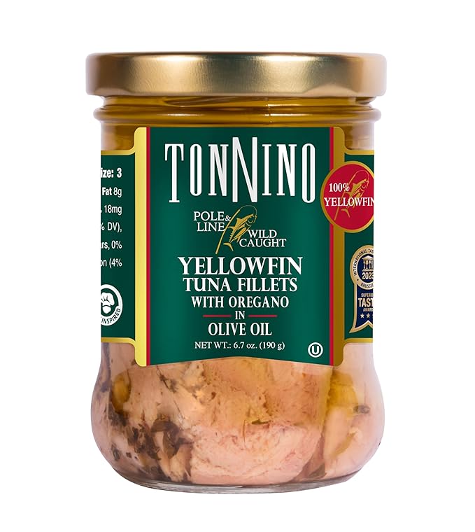 Tonnino Tuna Fish Yellowfin Pole&Line ??Oregano ??Pack of 6 ??Alternative to Salmon ??Protein Snacks ??Ready to Eat Meals in Jar
