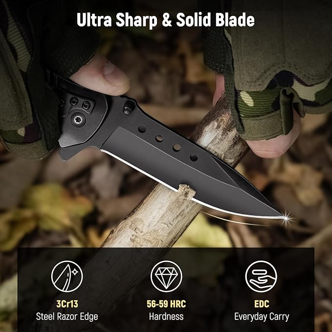 Pocket Knife for Men - 3.46" Sharp Blade Wood Handle Pocket Folding Knives with Clip, Glass Breaker - EDC Knives for Hunting Camping Survival Outdoor Fishing Hiking Women Men, Black