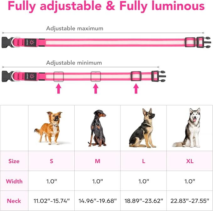 Vizpet LED Dog Collar, Light Up Dog Collar Adjustable USB Rechargeable Super Bright Safety Light Glowing Collars for Dogs (X-Large, Pink)