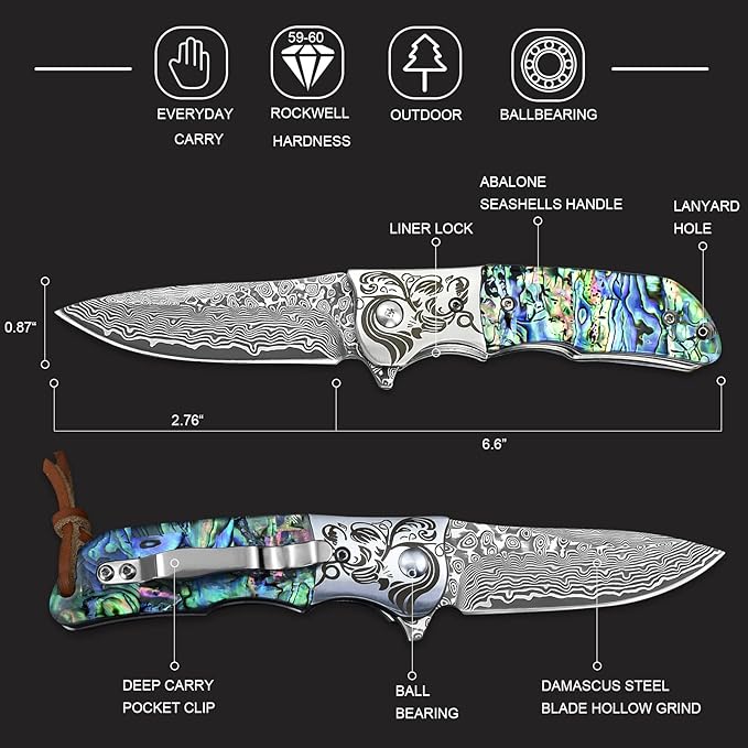 AUBEY EDC Damascus Pocket Knife with Leather Sheath, Abalone Shells Handle, Handmade Damascus Steel Folding Knives with Clip for Everyday Carry, Excellent Gifts for Men Women Hunting