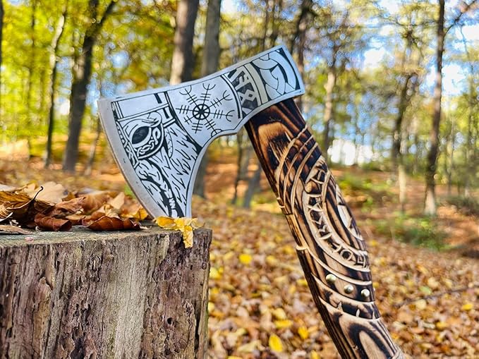 Hand Forged Viking Axe – Carbon Steel Blade with Ash Wood Handle and Leather Sheath, Camping, Hunting, Outdoor Hatchet Valhalla Ax, Medieval Axe, Authentic Norse Axe, Historical Gift for Men