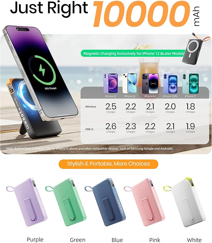 for Magsafe Battery Pack 10000mAh, 3-in-1 Magnetic Portable Charger with USB-C Cable 22.5W Fast Charging, Foldable Stand Wireless Power Bank, Powerbank Compatible with iPhone 17/16/15/14/13/12 Series