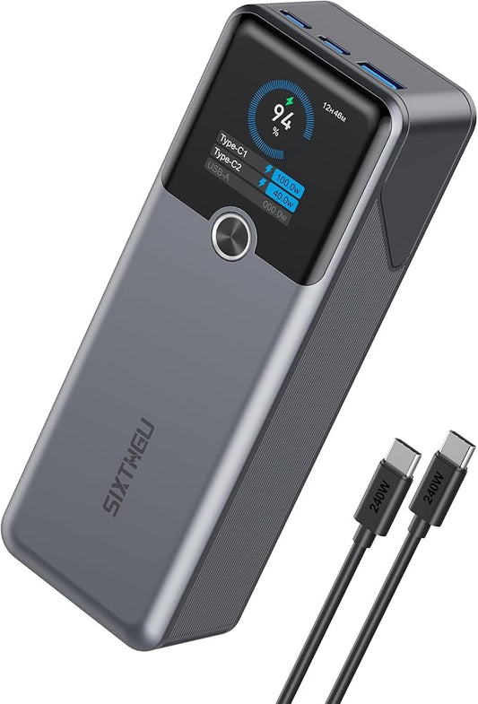 Laptop Power Bank, 20000mAh 3-Ports Portable Charger with 140W Fast Charging, Smart Display, for Outdoor, Compatible with iPhone 16/15/14 Series, Samsung, MacBook, iPad, and More（Grey）
