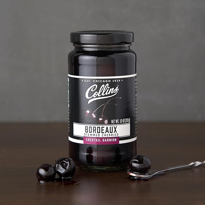 Collins Stemmed Black Cherries for Cocktails, Old Fashioned, Manhattan, and Whiskey Sour, Cocktail Cherry in Bordeaux Syrup, Garnish for Mocktails, Party Drinks, Baking, Desserts, 10 oz