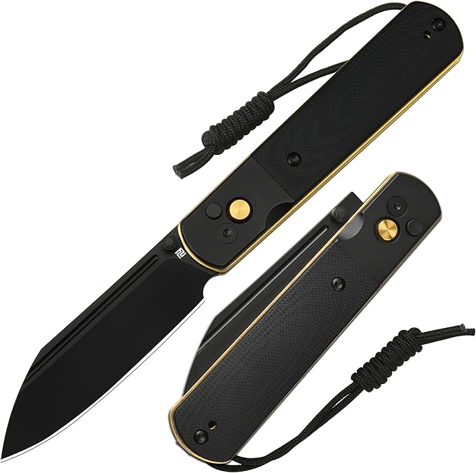 ARTISANCUTLERY Holm Pocket Knife, EDC Knife with 3.10'' AR-RPM9 Steel, Handle with Black PVD Steel and G10 Inlay, Button Lock with Safety Switch Knife for Camping Survival Outdoor, 1875P Black PVD