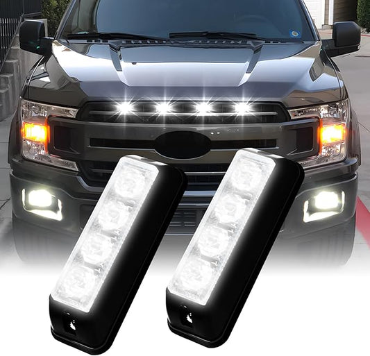 YM E-Bright 2-Pack White 4 LED Car Flash Light DRL Truck Warning Caution Emergency Construction Strobe Light DC 12V-24V