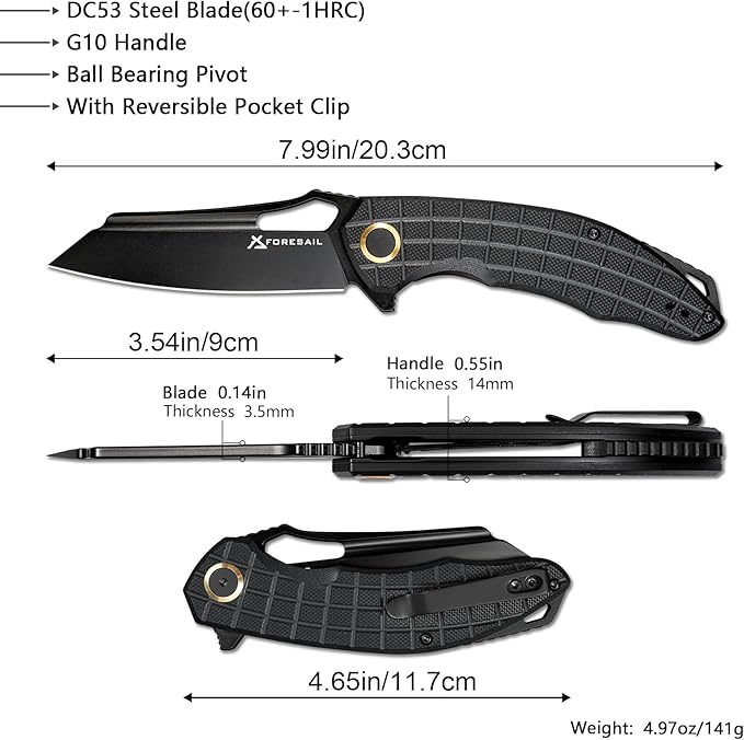 Folding Pocket Knife, 3.54" DC53 Steel Blade,4.65" G10 Handle, Liner Lock, Reversible Pocket Clip for Everyday Carry, Outdoor Activities. (Black PVD blade)