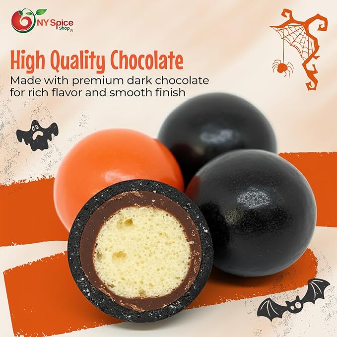 NY Spice Shop Orange & Black Dark Chocolate Malt Balls - 8 Ounce Malted Milk Ball Candy Gifts - Chocolate Malted Milk Balls - Dark Chocolate Malt Ball Snacks