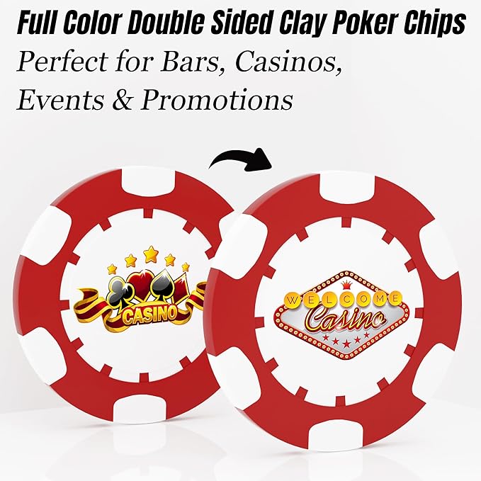 25 Custom Clay Poker Chips, 40mm Heavy 11.5g Casino Sized Personalized Poker Chips with Your Logo, Image or Text, Custom Drink Tokens for Bar, Party, Tournaments, Golf Club or Events