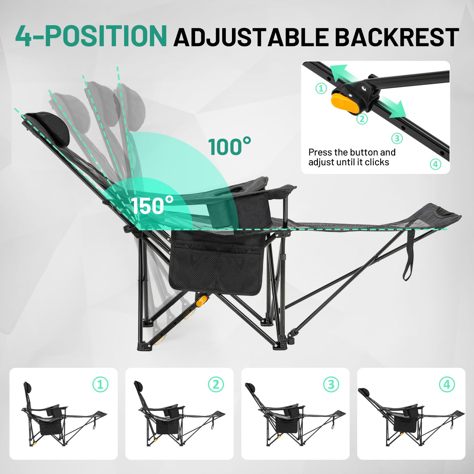 Overmont Reclining Camping Chair with Footrest - 4-Position Adjustable Backrest Lightweight Folding