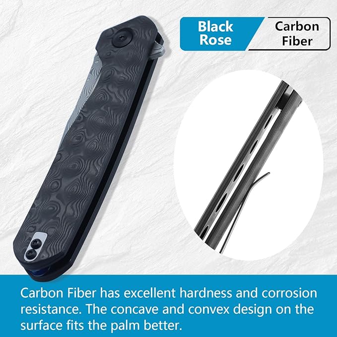 KANSEPT Qilin Pocket Knife,3.24'' Damascus Sharp Blade, Black Rose Carbon Fiber Handle for Edc, Flipper and Liner Lock with Double-Sided Clip, Men Camping Survival Folding Knives K1047A2