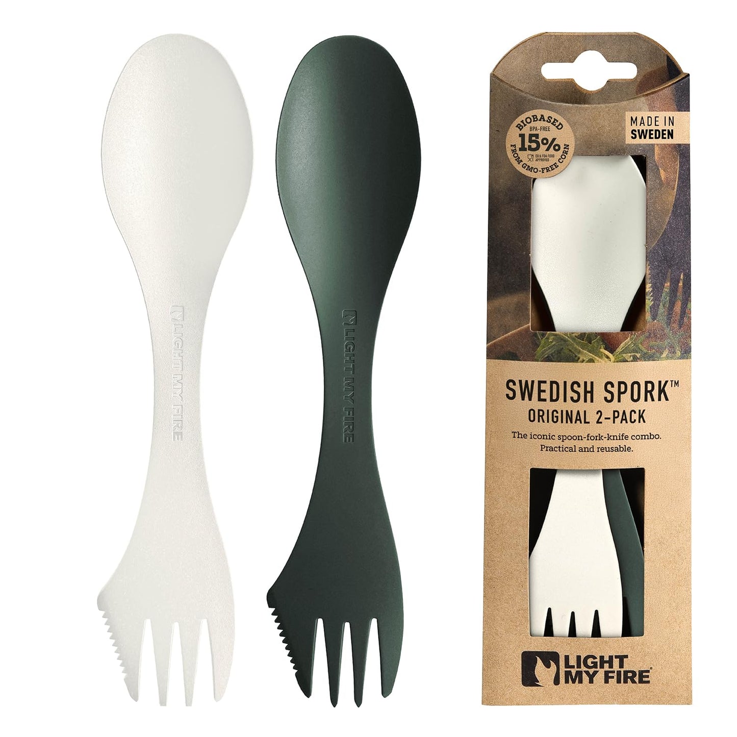 Light My Fire Spork Original 2-Pack 3-in-1 Camping Spoon Fork Knife Combo Reusable Travel & Camping