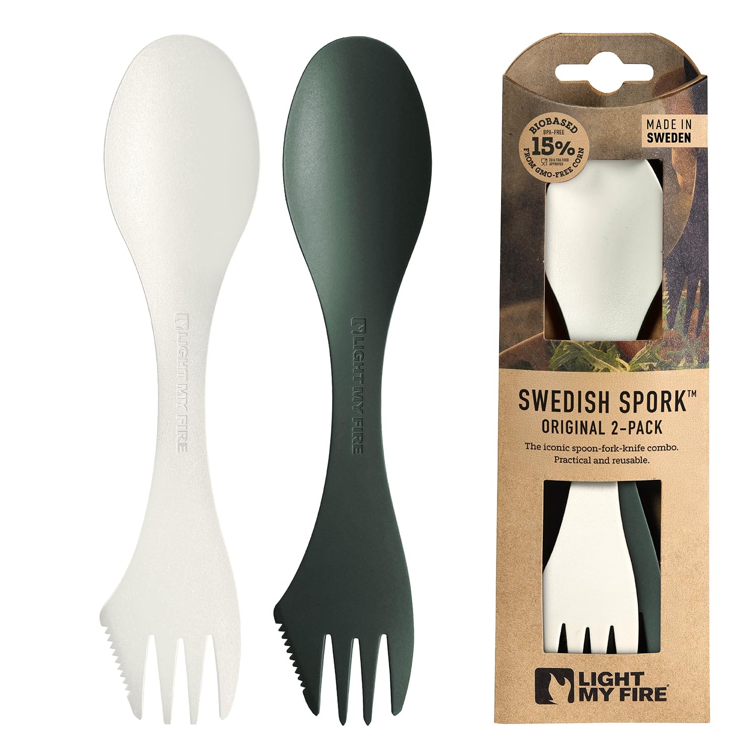 Light My Fire Spork Original 2-Pack 3-in-1 Camping Spoon Fork Knife Combo Reusable Travel & Camping