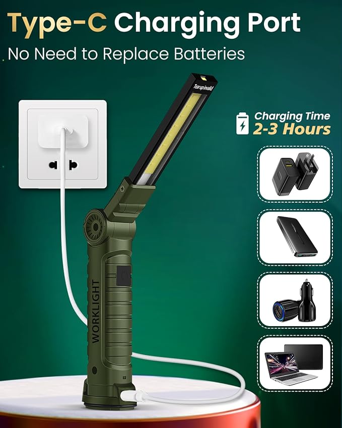 Coquimbo Tool Gifts for Men Him, Rechargeable LED Work Light Grill Light with Magnetic Base and Hook 5 Modes 360° Rotate Mechanic Light Birthday Gifts for Dad Husband Men (2 Pack Green)