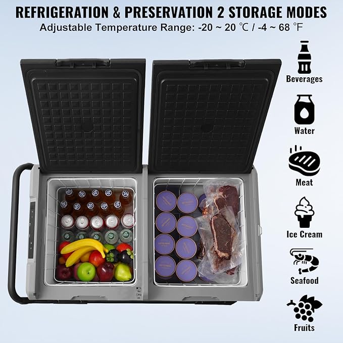 VEVOR Car Refrigerator, 12 Volt Car Refrigerator Fridge, 121.4QT Dual Zone Portable Freezer with Wheels and Handle, -4℉-68℉, 12/24V DC and 100-240V AC Compressor Cooler for Outdoor, Camping