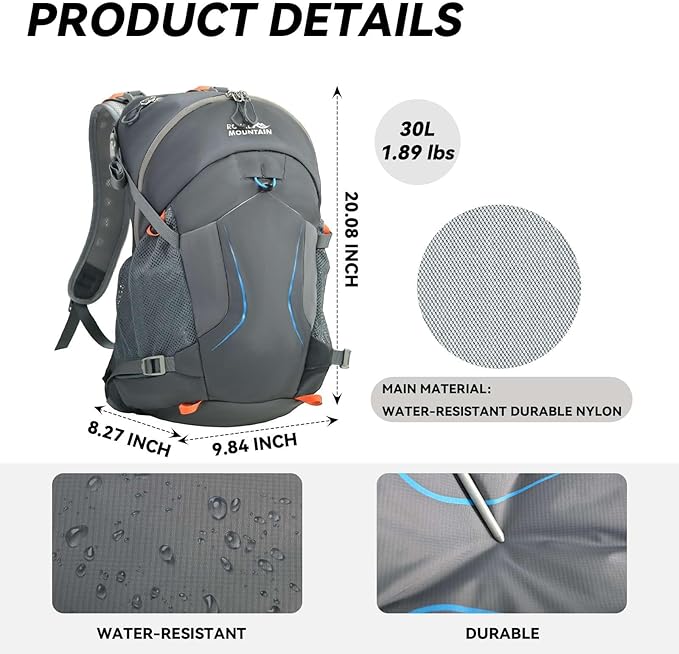 30L Hiking Backpack Lightweight Waterproof and Durable Backpack with Ventilated Sweat-Wicking Internal Frame Daypack for Men and Women Camping Travel and Outdoor Adventures,Grey