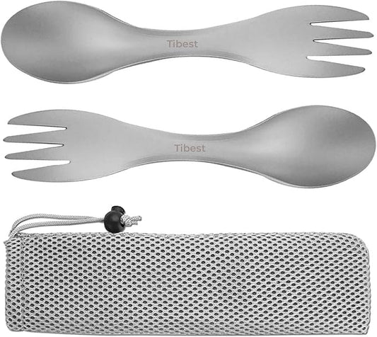 2 in 1 Titanium Spoon and Fork Combo Backpacking Utensils Lightweight Eco-Friendly Spork for Camping Backpacking Hiking Travel etc (2 Pack)