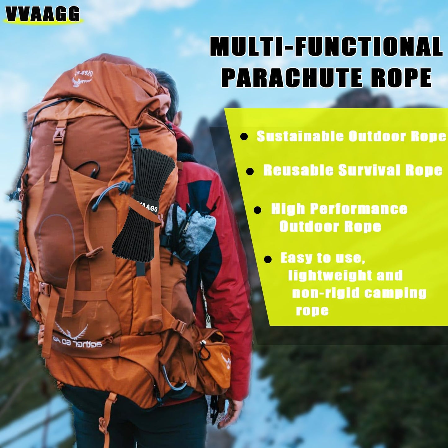 VVAAGG 1000 Black Paracord Rope 100FT Utility Nylon Heavy Duty 12 Strand Parachute Cord for