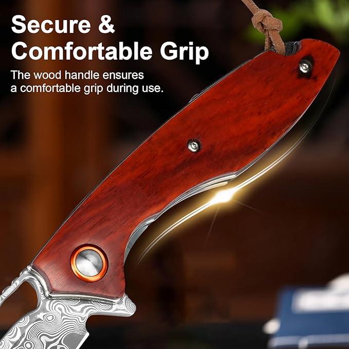 Damascus Pocket Knife 3.5" Damascus Steel Blade Foldable Knives with Wooden Handle EDC Camping Folding Knives for Outdoor Men Women Christmas Birthday Gifts