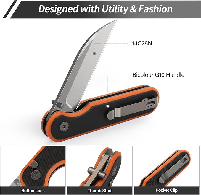 FINTISO Pocket Knife, 3" 14C28N Blade EDC Knife with G10 Handle, Folding Knife with Pocket Clip for Outdoor Camping, Hunting, Hiking, Survival, Parrot Series