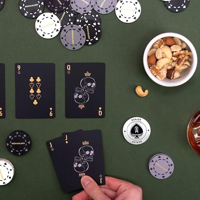 Iron & Glory Poker Set - Luxury Poker Set in Premium Wooden Box - Includes Playing Cards & 100 Custom Chips - Below Deck - Engraved Ace Of Spades Metal Dealer Chips - Board Games - Travel Games