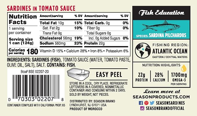 Season Sardines in Tomato Sauce - Wild Caught, 22g of Protein, Keto Snacks, More Omega 3's Than Tuna, Kosher, High in Calcium, Canned Sardines - 4.37 Oz Tins, 6-Pack